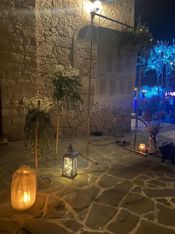 Lanterns glowing on a stone wall at dusk