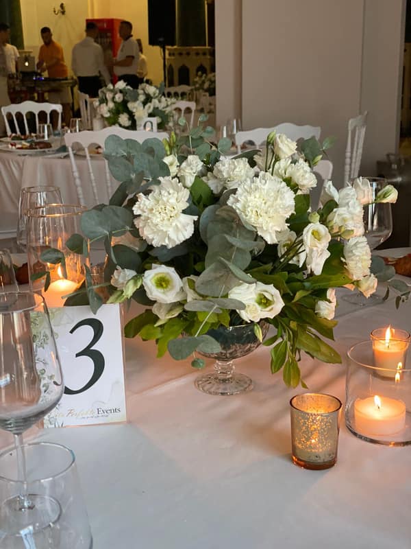 Table number 3 beside white hydrangeas and candles
